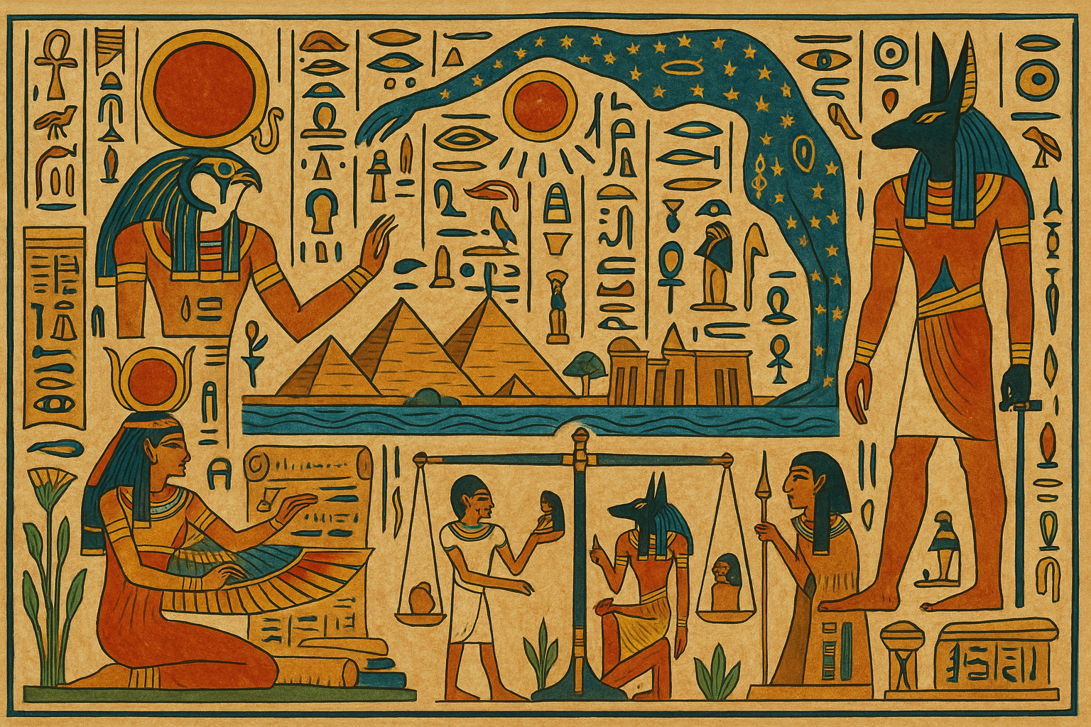 genere moi une image de la vision des egyptien dans un style d'egypte antique