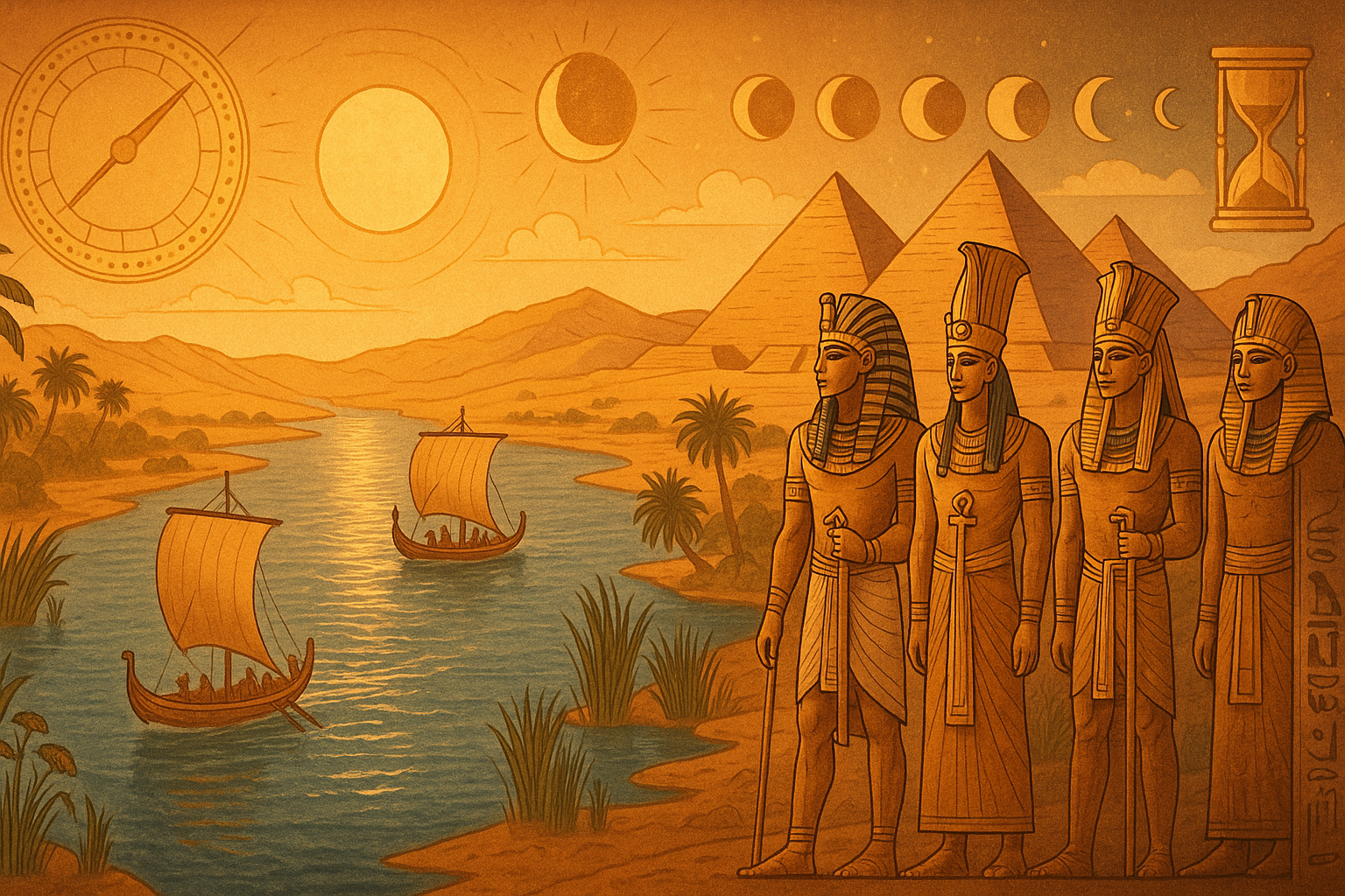 genere moi une image du nil en egypte ancienne l'image devra faire la taille d'une baniere de site internet il doit y avoir des representation des pharaon et des pyramides avec une représentation du temps en fond