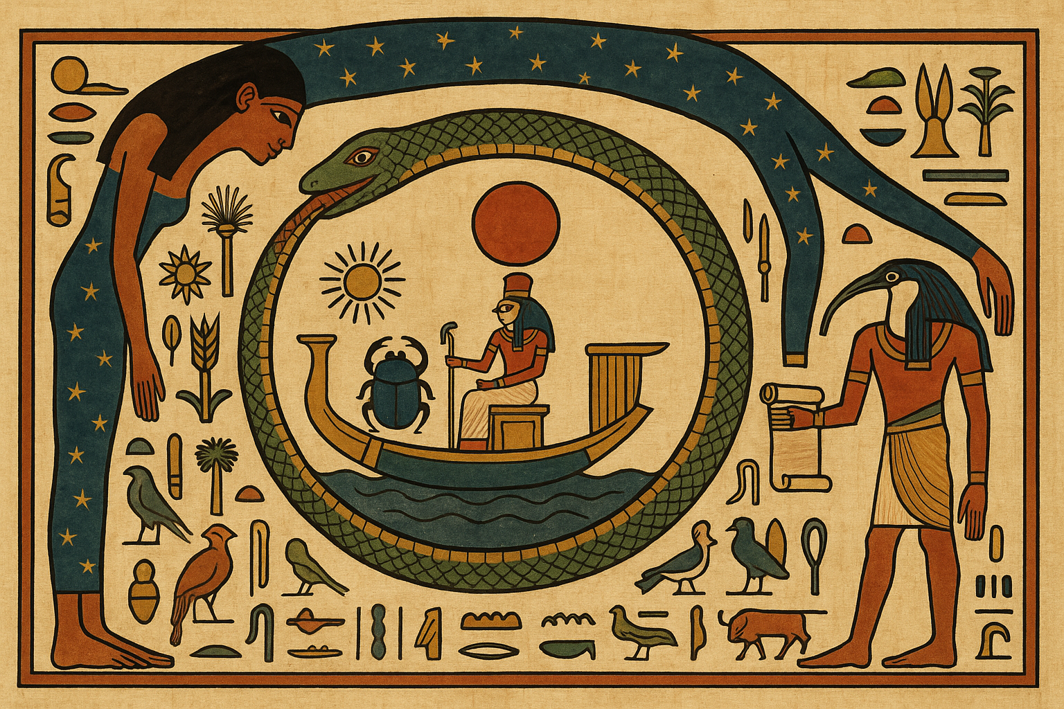 genere moi une representation du temps cyclique selon les egyptien l'image doit etre dans un style d'egypte antique